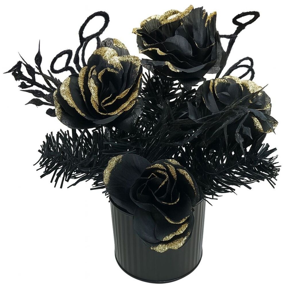 Artificial Flower Bouquet Arrangement Corrugated Tin Vase Black Gold Gray Rose
